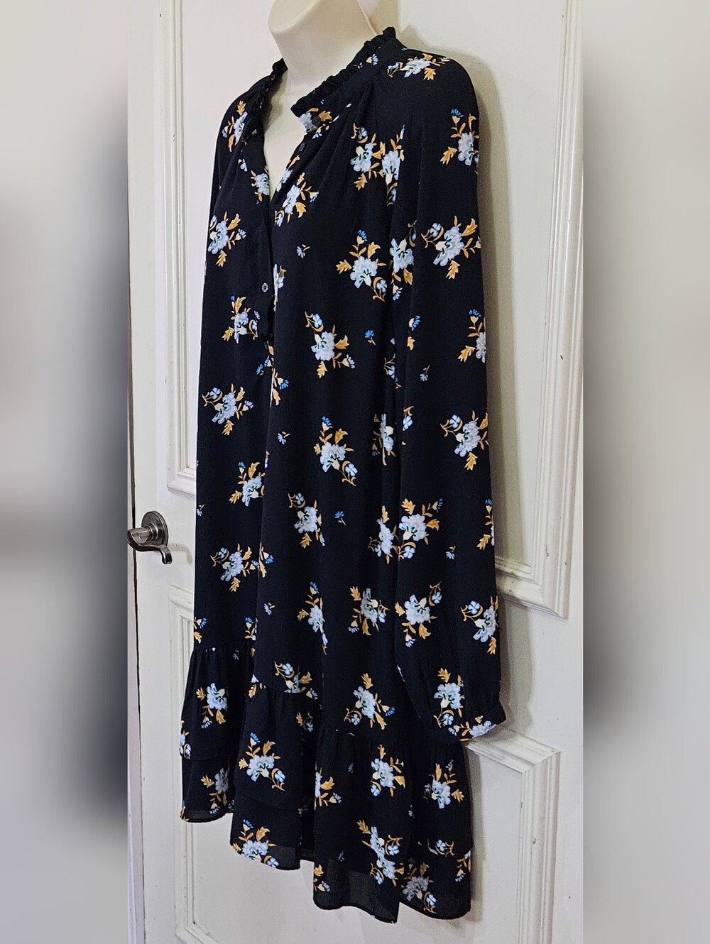 LOFT Navy Blue Multi-Color Floral Long Sleeve Midi Dress, X-Large - Picture 7 of 16